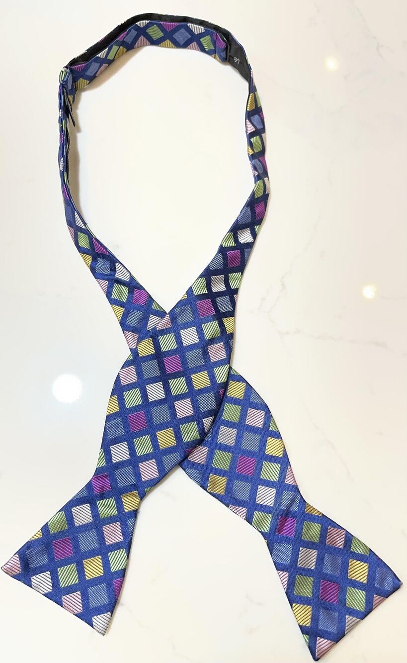SADDLEBRED Bow Tie Mens Blue 100% Silk Self-Tie Formal Geometric Squares